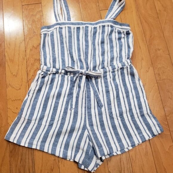 🔺️Gap Blue & White Stripe Linen Blend Apron Romper Shorts Size 00 - Picture 3 of 11
